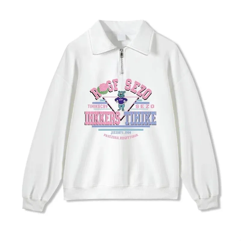 Metaversmall Pure Color Sweet Letter Printing Female Hoodies Basic Zipper Polo Neck Pullover Fashion Simple Loose Casual Women Hoodies