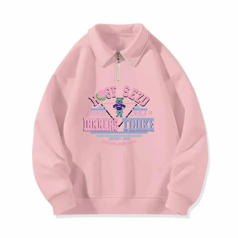 Metaversmall Pure Color Sweet Letter Printing Female Hoodies Basic Zipper Polo Neck Pullover Fashion Simple Loose Casual Women Hoodies