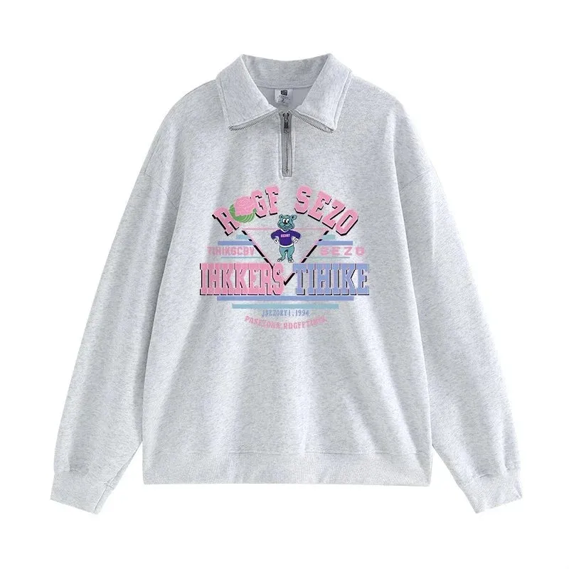 Metaversmall Pure Color Sweet Letter Printing Female Hoodies Basic Zipper Polo Neck Pullover Fashion Simple Loose Casual Women Hoodies