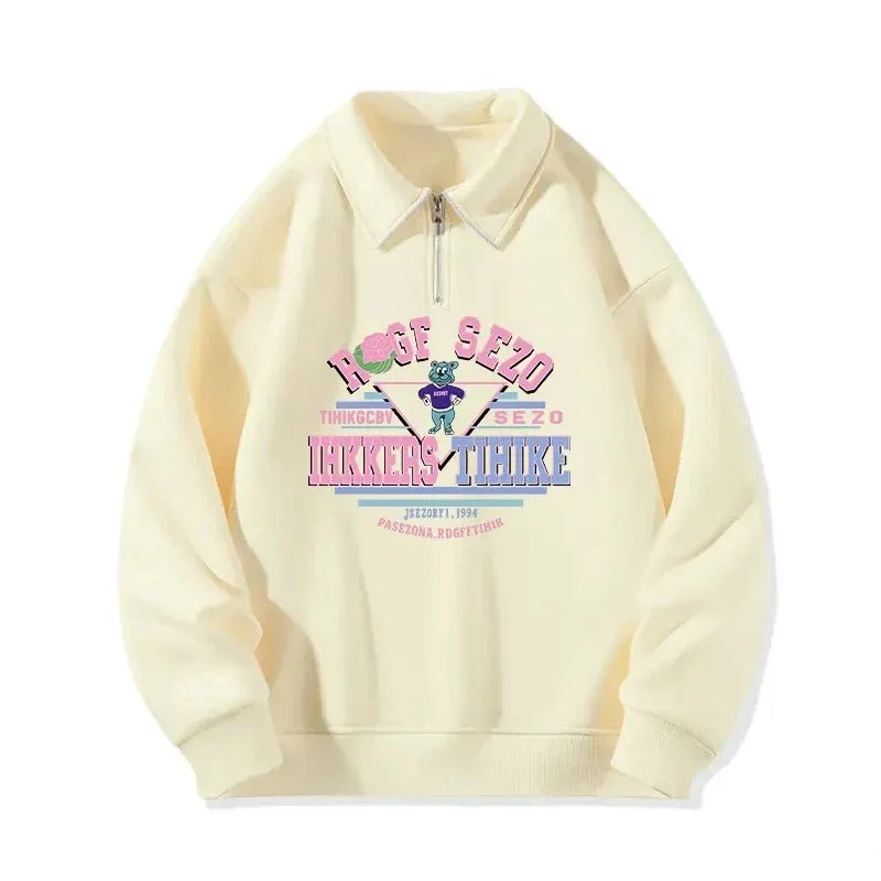 Metaversmall Pure Color Sweet Letter Printing Female Hoodies Basic Zipper Polo Neck Pullover Fashion Simple Loose Casual Women Hoodies