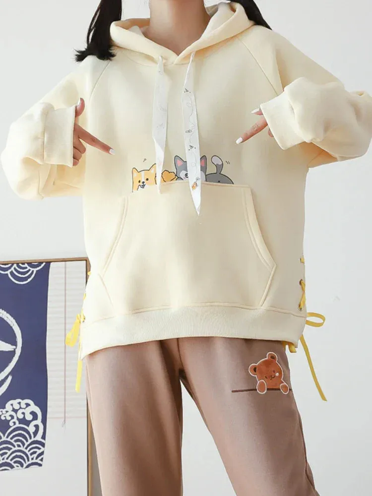 Metaversmall Shiba Inu Print Kawaii Women Hoodies Chic Drawstring Harajuku Cute Hooded Sweatshirts Winter Long Sleeve Female Sweet Tops