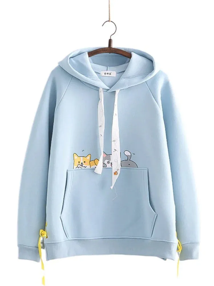 Metaversmall Shiba Inu Print Kawaii Women Hoodies Chic Drawstring Harajuku Cute Hooded Sweatshirts Winter Long Sleeve Female Sweet Tops