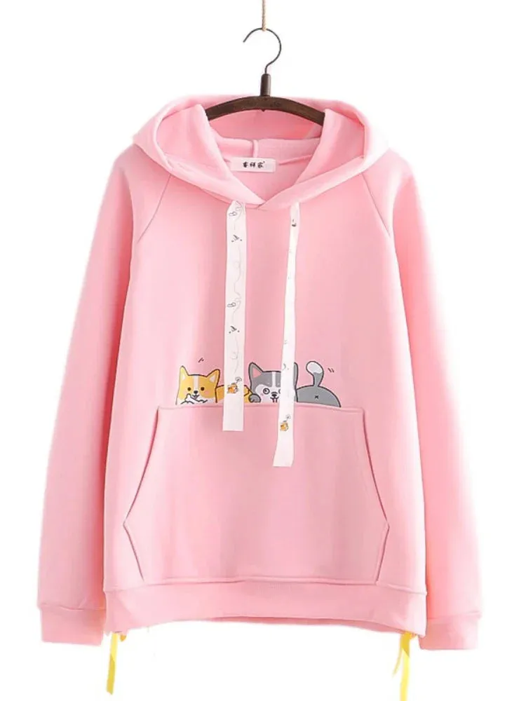 Metaversmall Shiba Inu Print Kawaii Women Hoodies Chic Drawstring Harajuku Cute Hooded Sweatshirts Winter Long Sleeve Female Sweet Tops