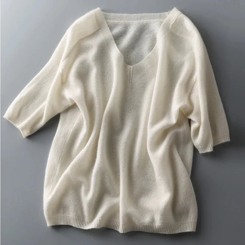 Metaversmall Solid Colour Knitted Women's Sweater Short-Sleeved Ladies V-Neck Cotton Pullover Korean Bottoming Shirt Sweater Summer