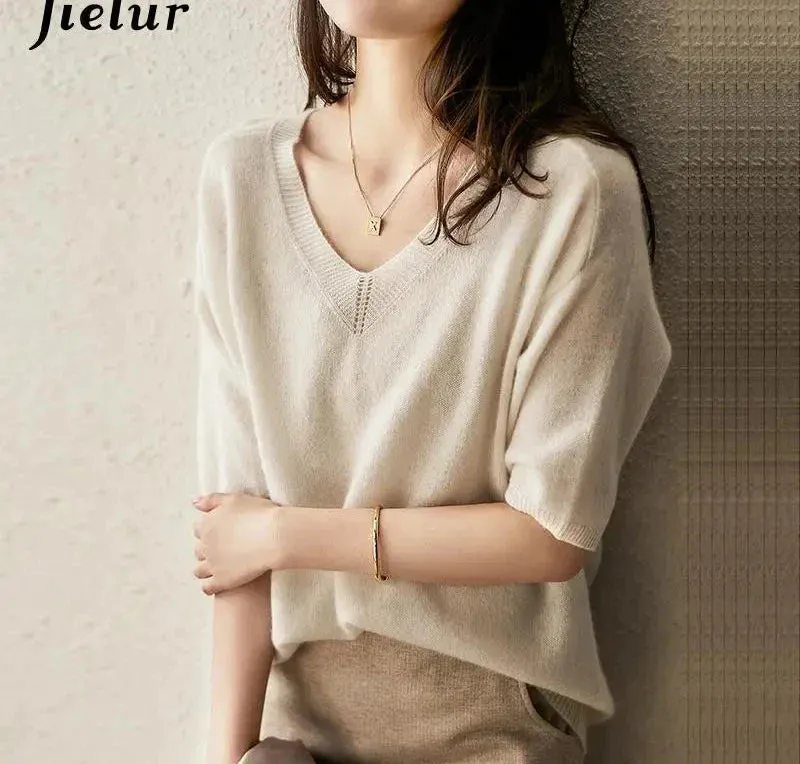 Metaversmall Solid Colour Knitted Women's Sweater Short-Sleeved Ladies V-Neck Cotton Pullover Korean Bottoming Shirt Sweater Summer