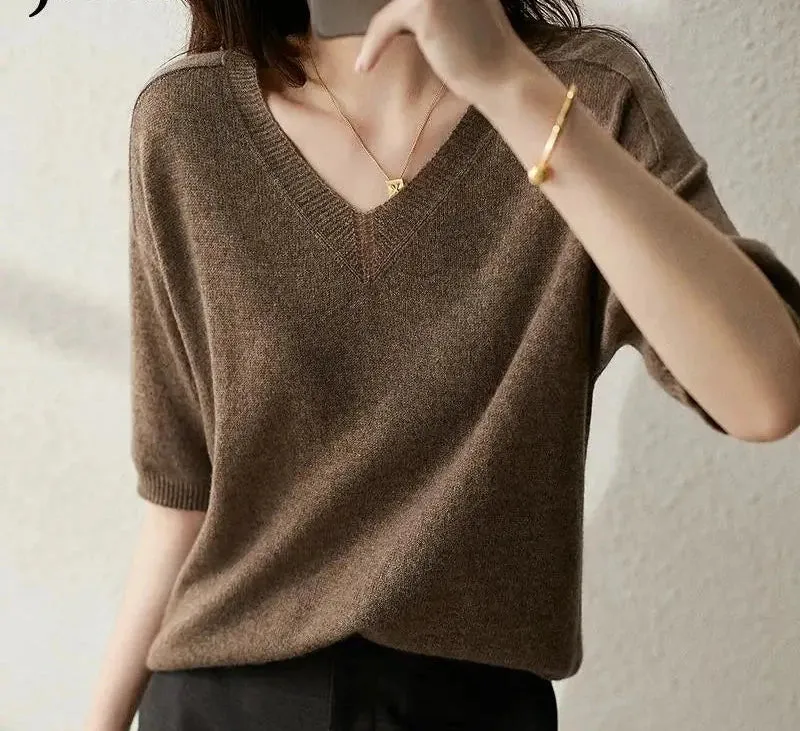Metaversmall Solid Colour Knitted Women's Sweater Short-Sleeved Ladies V-Neck Cotton Pullover Korean Bottoming Shirt Sweater Summer