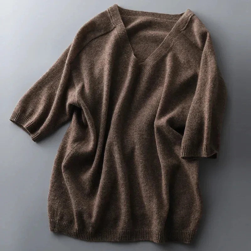 Metaversmall Solid Colour Knitted Women's Sweater Short-Sleeved Ladies V-Neck Cotton Pullover Korean Bottoming Shirt Sweater Summer
