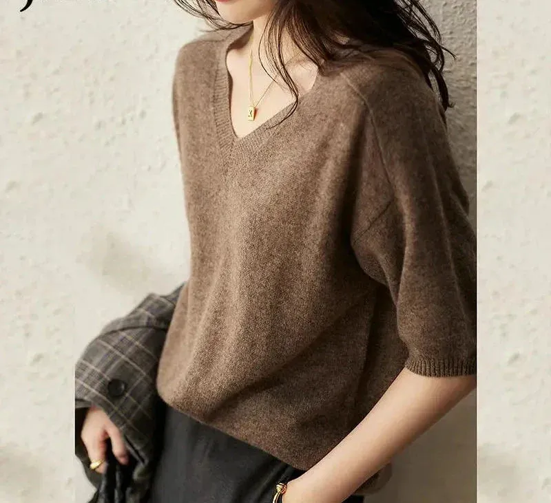 Metaversmall Solid Colour Knitted Women's Sweater Short-Sleeved Ladies V-Neck Cotton Pullover Korean Bottoming Shirt Sweater Summer