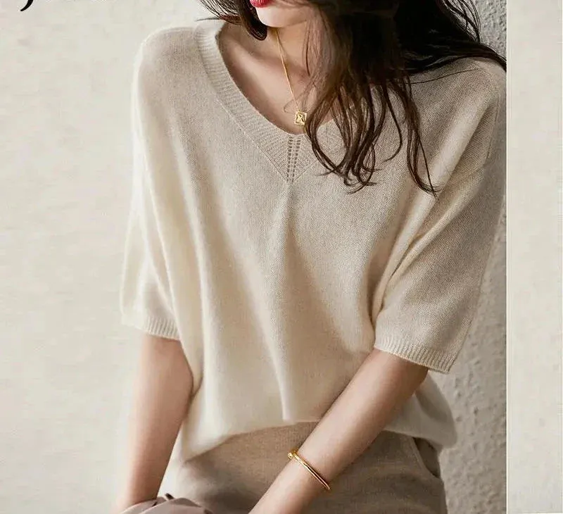 Metaversmall Solid Colour Knitted Women's Sweater Short-Sleeved Ladies V-Neck Cotton Pullover Korean Bottoming Shirt Sweater Summer