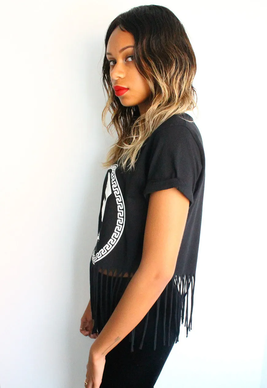 Nefertiti Head Print Fringe Black T-shirt