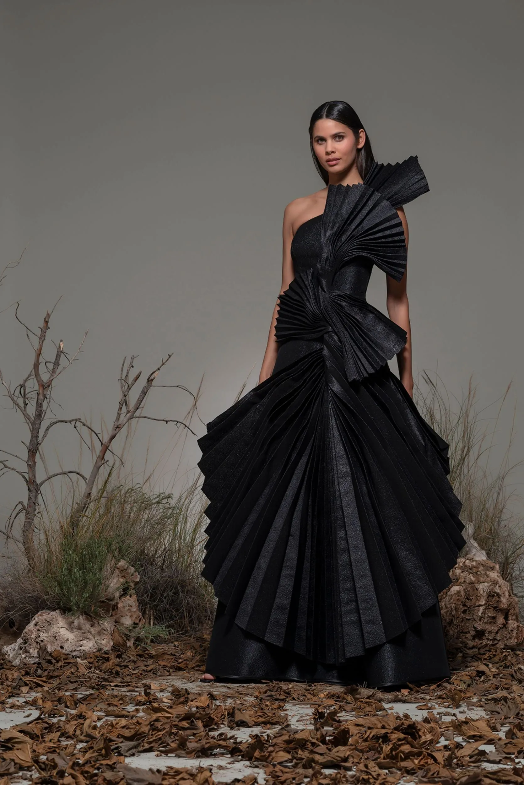 One-Shoulder Mermaid Dress with Pleated Ruffles