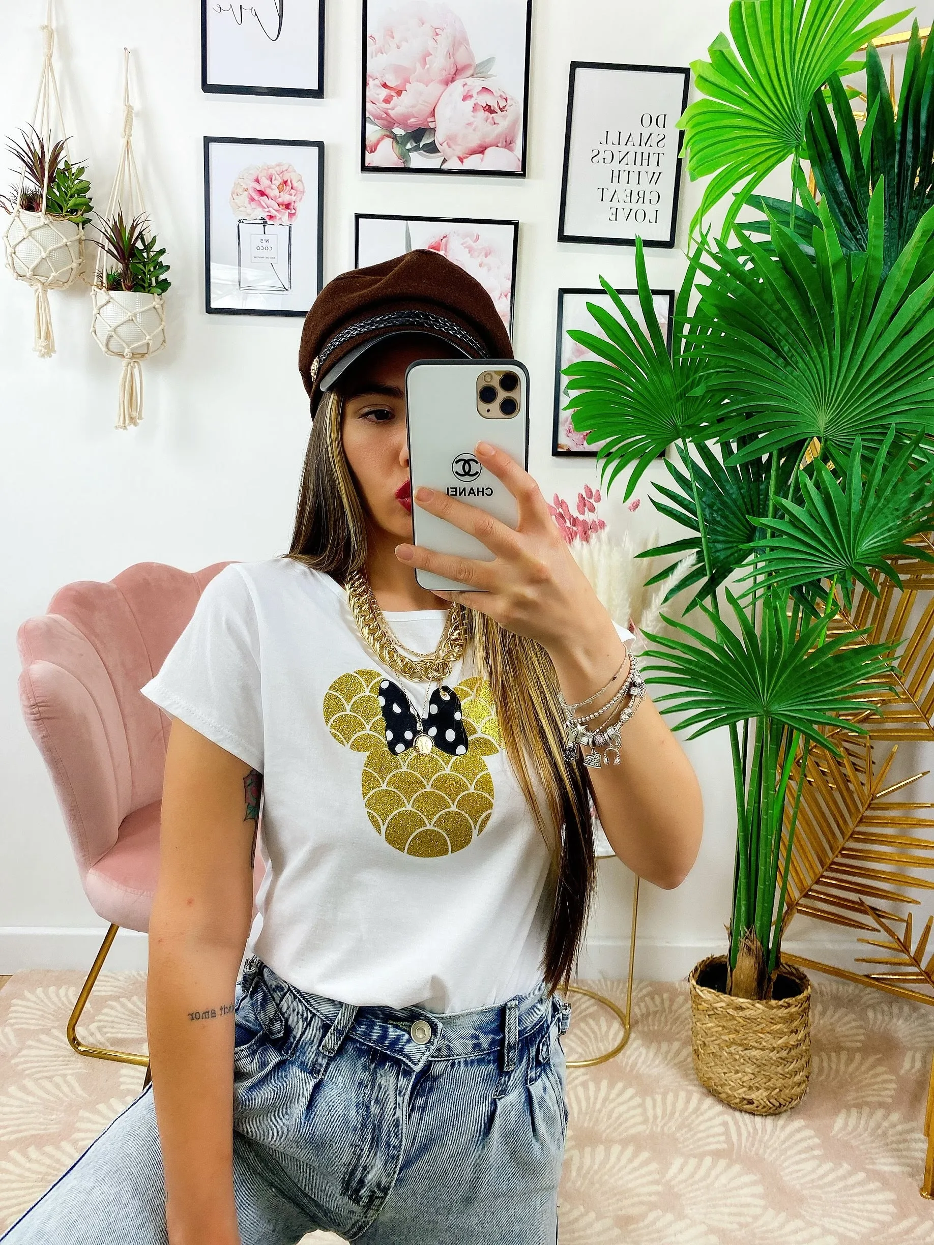 T-shirt con stampa glitter oro
