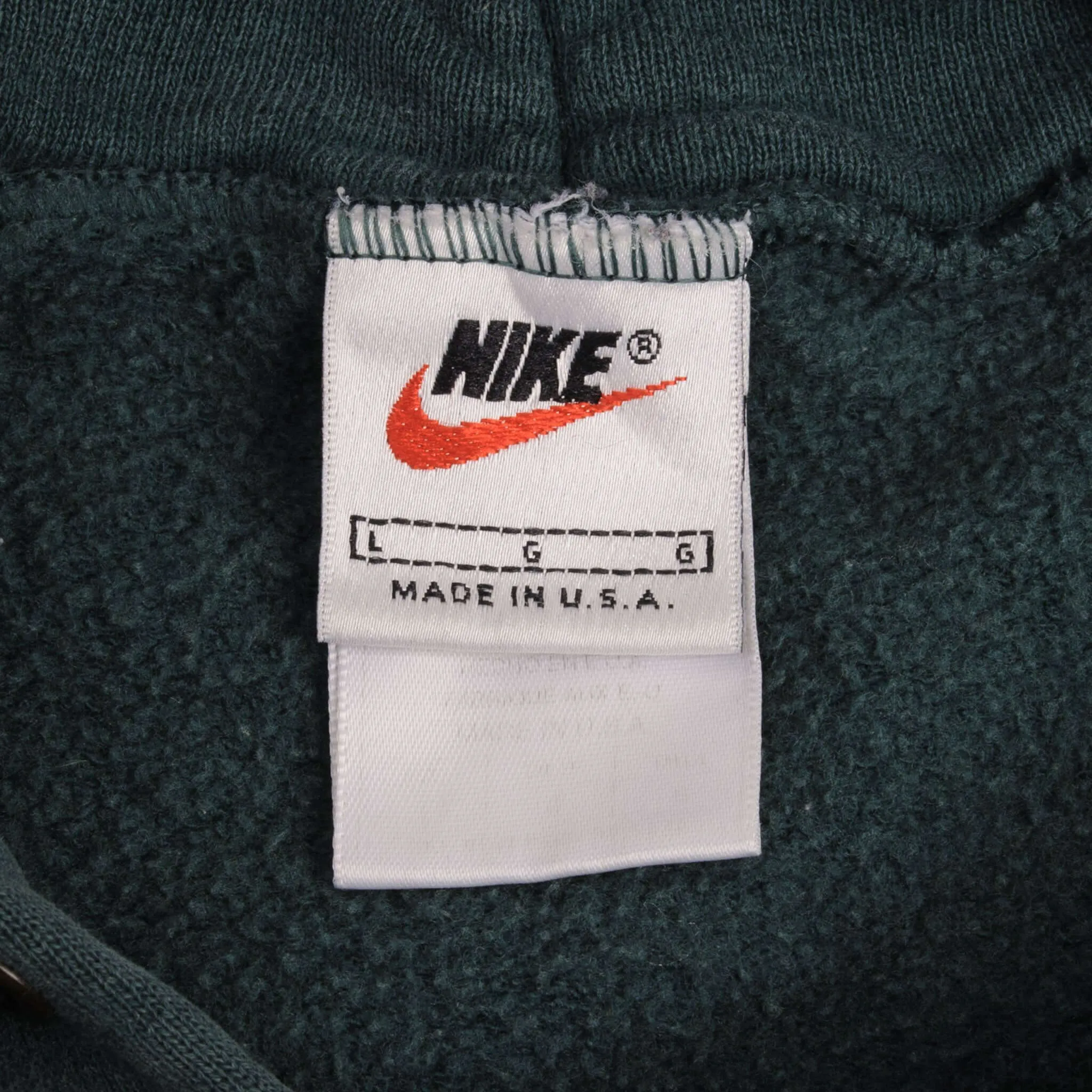 VINTAGE NIKE CLASSIC SWOOSH PINE GREEN HOODIE SWEATSHIRT 1990S LARGE MADE IN USA