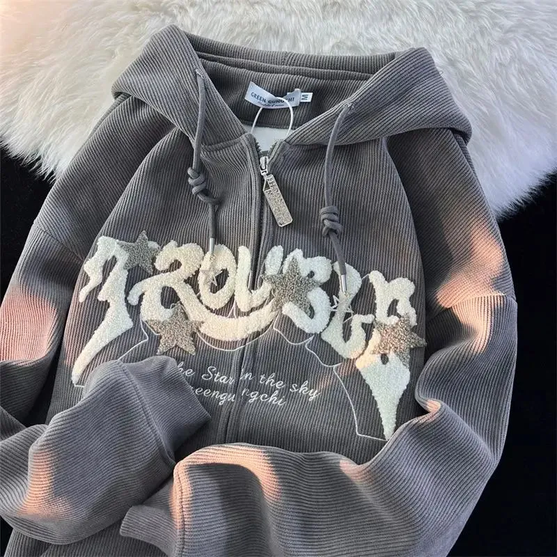 Vintage Zipper Long Sleeve Oversize Jacket Harajuku Women Letter Embroidery Hoodies Autumn Casual Hooded Sweatshirt
