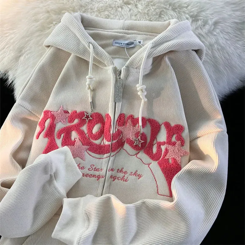 Vintage Zipper Long Sleeve Oversize Jacket Harajuku Women Letter Embroidery Hoodies Autumn Casual Hooded Sweatshirt