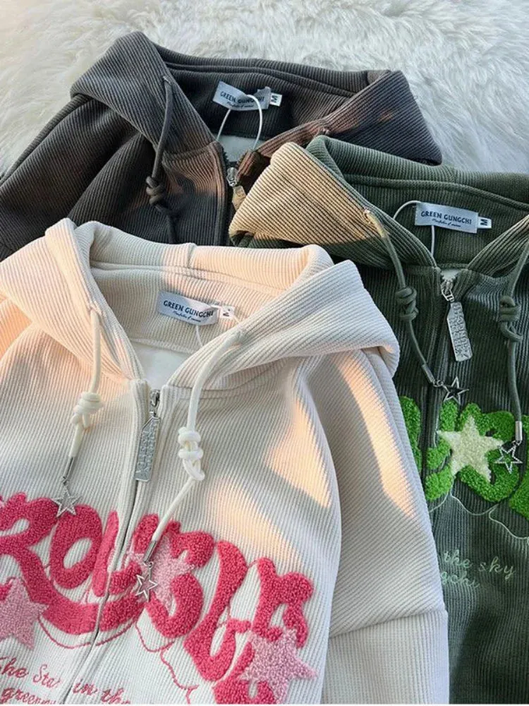 Vintage Zipper Long Sleeve Oversize Jacket Harajuku Women Letter Embroidery Hoodies Autumn Casual Hooded Sweatshirt