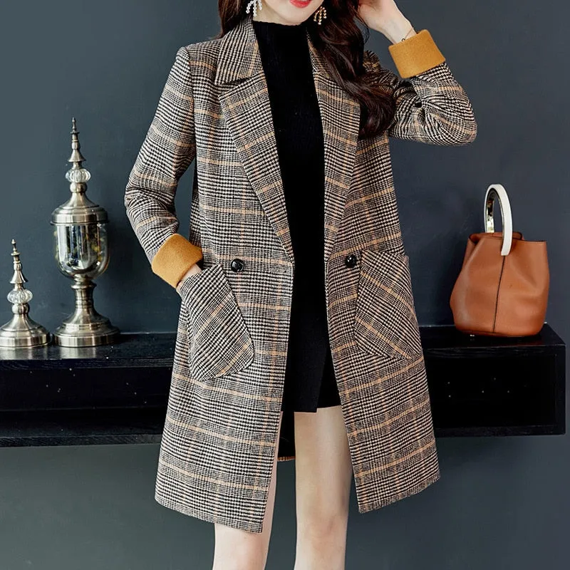 Women's Autumn/Winter Woolen Plaid Long Slim Coat