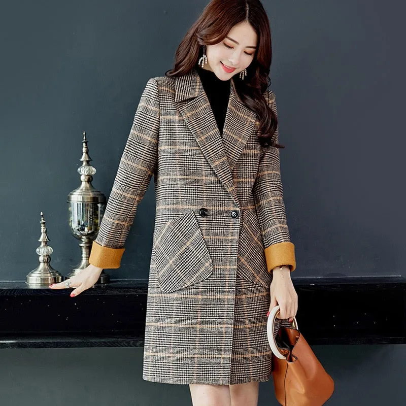 Women's Autumn/Winter Woolen Plaid Long Slim Coat