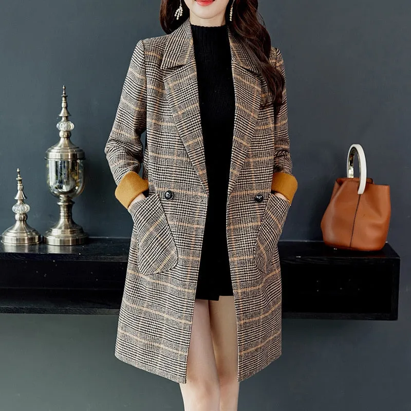 Women's Autumn/Winter Woolen Plaid Long Slim Coat