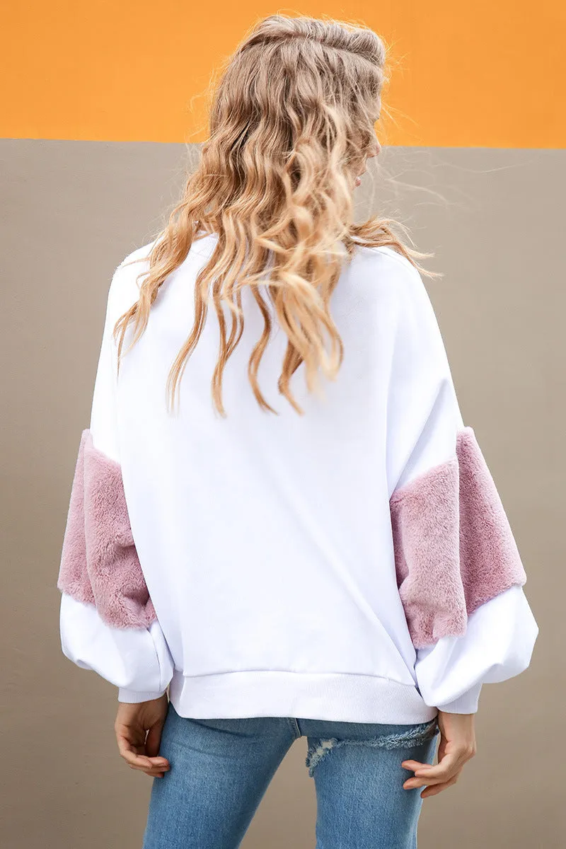 Women's Rabbit Hair Stitching Long Sleeve T-Shirt