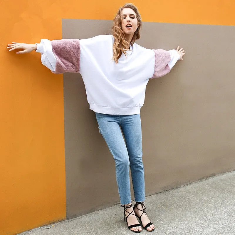Women's Rabbit Hair Stitching Long Sleeve T-Shirt