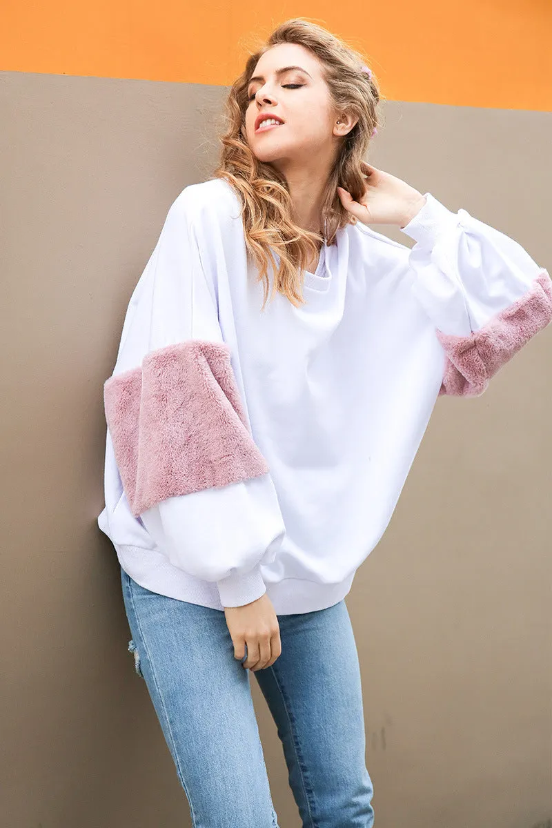 Women's Rabbit Hair Stitching Long Sleeve T-Shirt