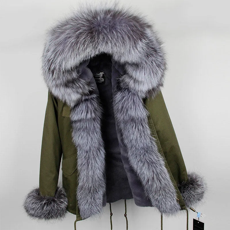 Women's Winter Casual Short Polyester Hooded Parka With Fox Fur