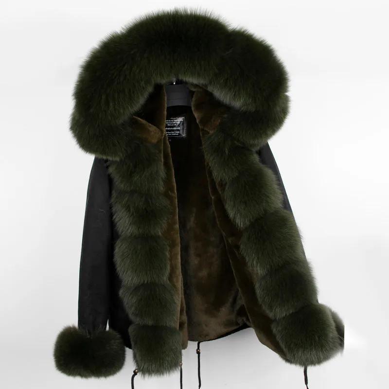 Women's Winter Casual Short Polyester Hooded Parka With Fox Fur