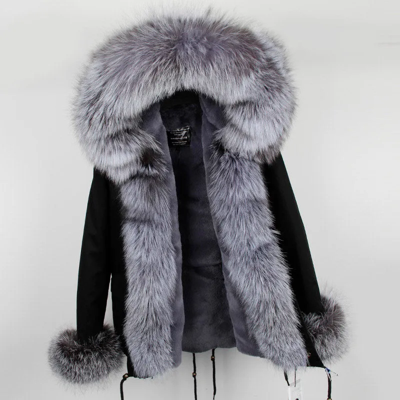 Women's Winter Casual Short Polyester Hooded Parka With Fox Fur