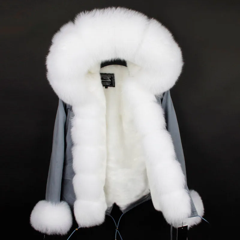 Women's Winter Casual Short Polyester Hooded Parka With Fox Fur