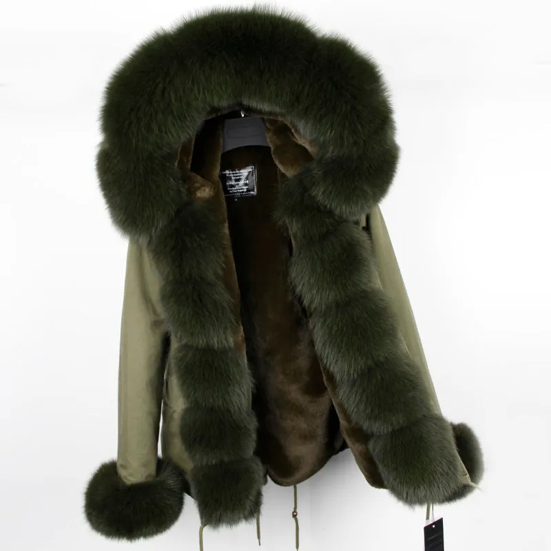 Women's Winter Casual Short Polyester Hooded Parka With Fox Fur