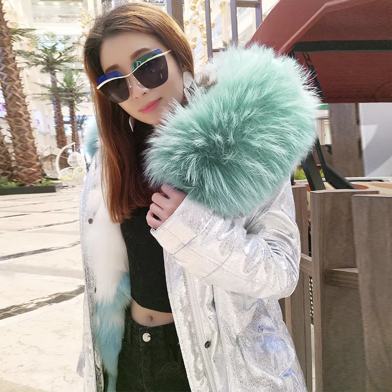 Women's Winter Casual Short Polyester Slim Parka With Raccoon Fur