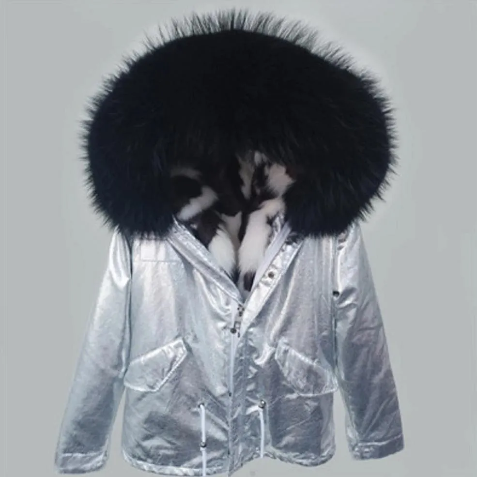 Women's Winter Casual Short Polyester Slim Parka With Raccoon Fur