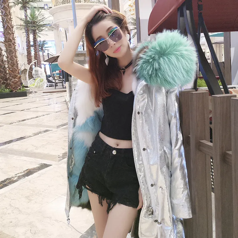 Women's Winter Casual Short Polyester Slim Parka With Raccoon Fur